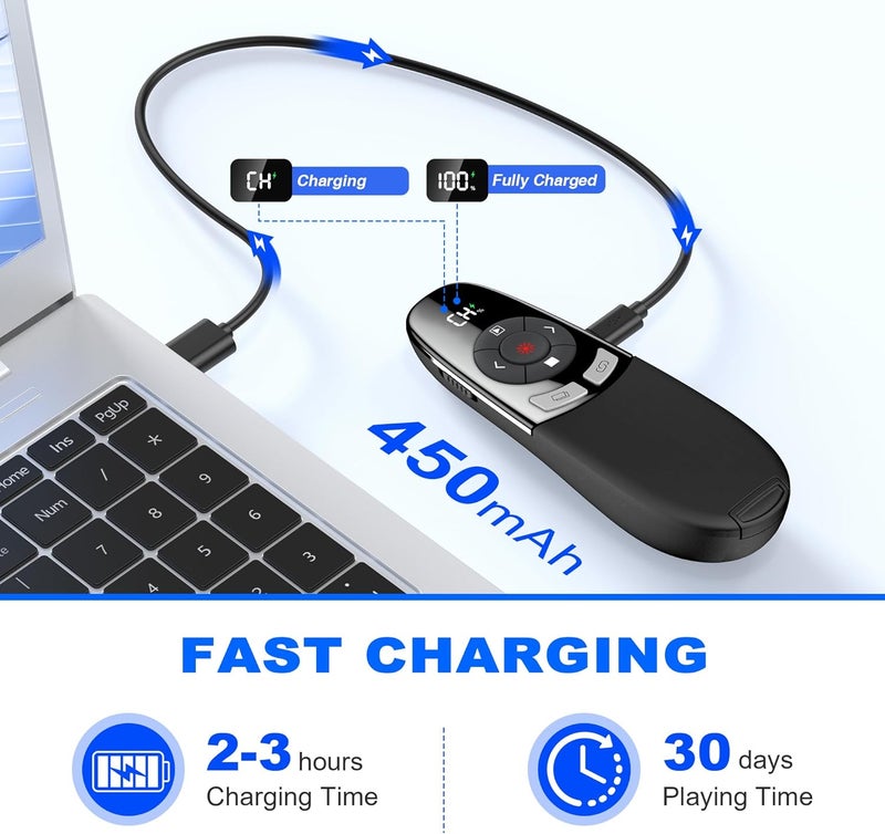 HEYLACOOLX [Timer LCD Display] Rechargeable Presentation Clicker Wireless Presenter Remote w Laser Pointer Long Range Power Point Clicker Slide Clicker for Office Classroom Teacher - Image 3